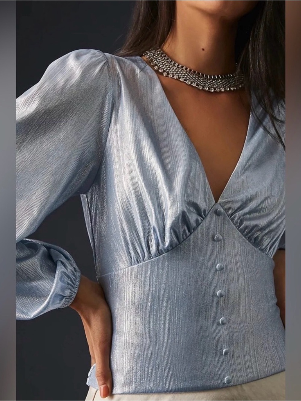 Shimmery Light Blue V-Neck Button Front Top